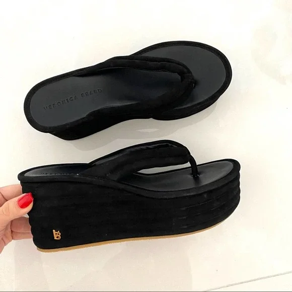 COPY - Veronica Beard Geno Ribbed Suede Platform Wedge Thong Sandals - Picture 2 of 7